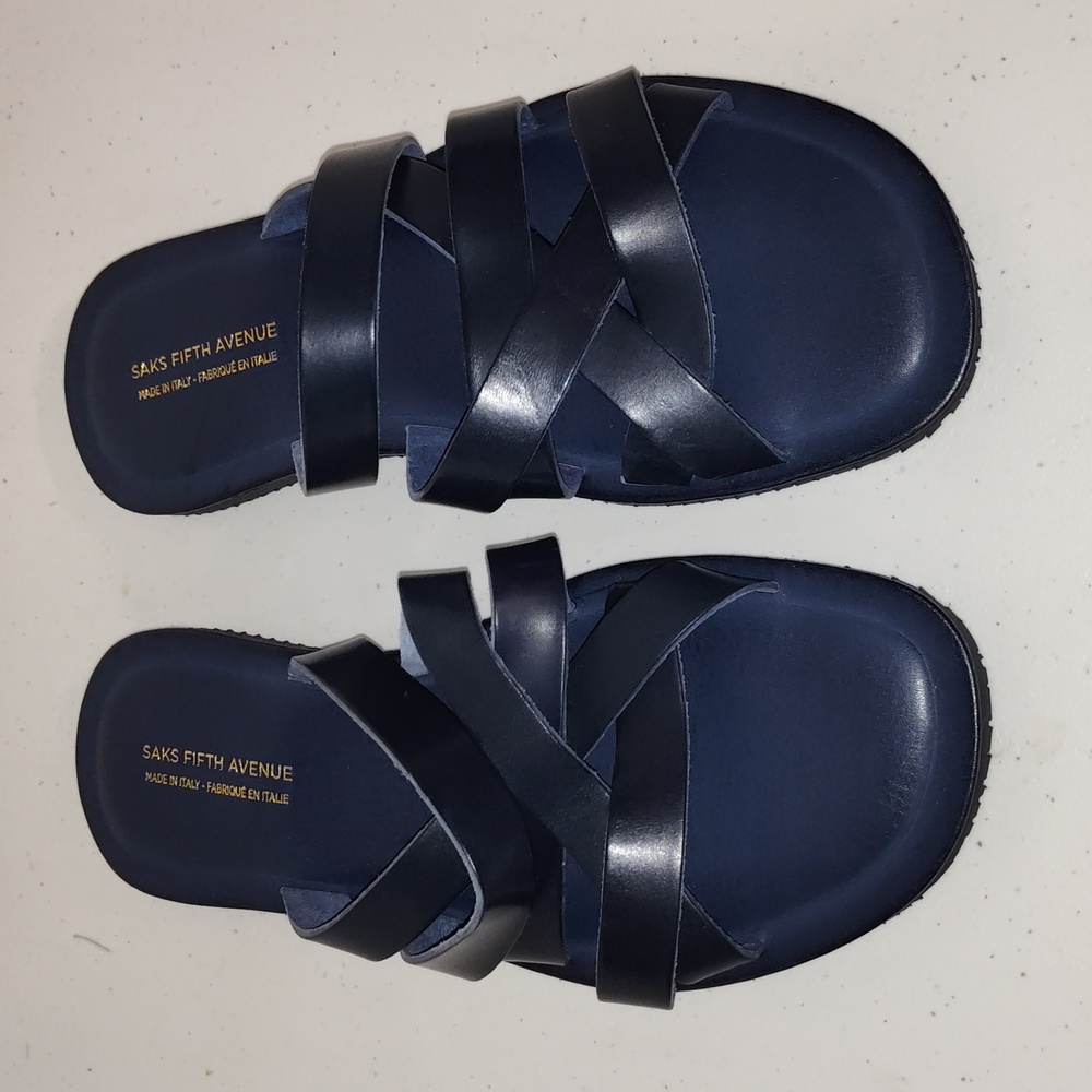 Saks fifth avenue men's navy blue Multi Strap Flat Leather Sandals size 10.5